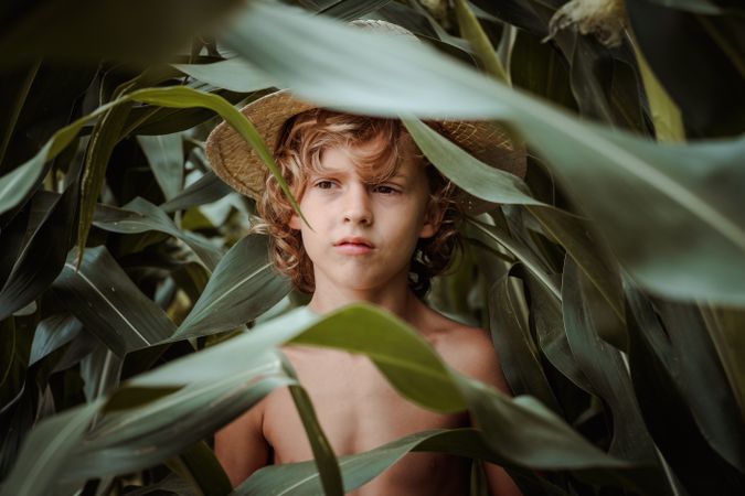 Calm boy in hat among green leaves