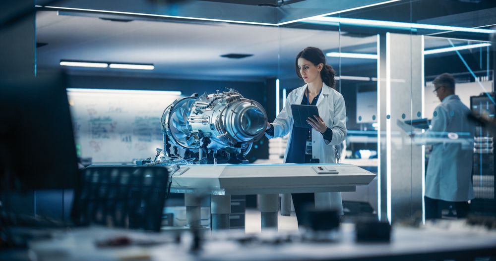 Female Industrial Turbine Specialist Standing at a Table With an Innovative Invention.