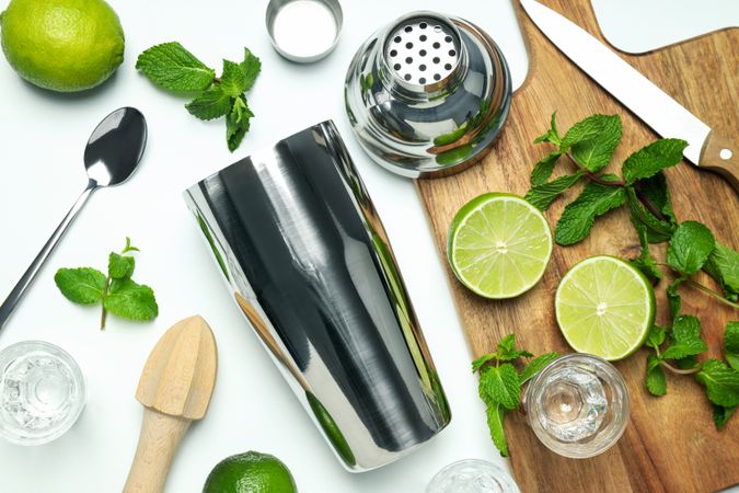 Concept of preparing cocktail, shaker, top view