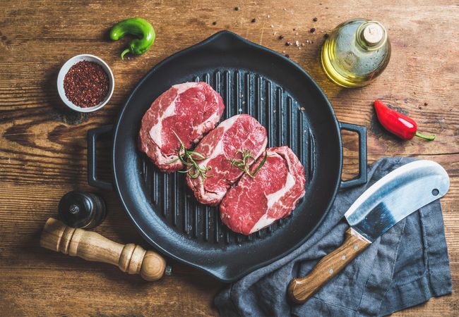 Top view of steak on grilling pan