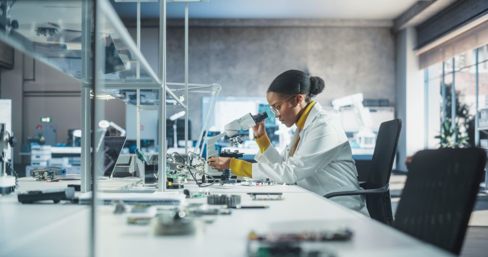 College Science Classroom: Diverse Multiethnic Group of Students Experimenting with Computer Components