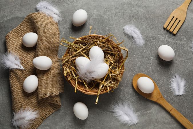 Concept of fresh and natural farm product - eggs, top view