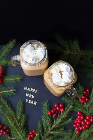 Christmas holiday background with hot cocoa marshmellou. The inscription Happy New Year.