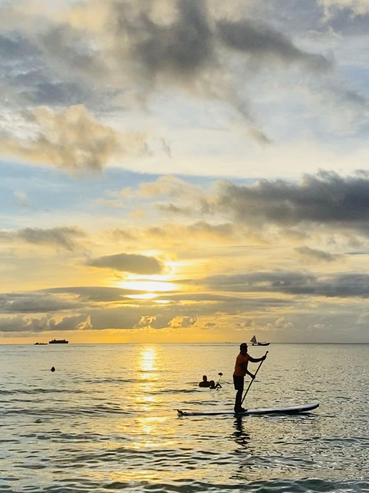 Silhouette of a man paddling during sunset