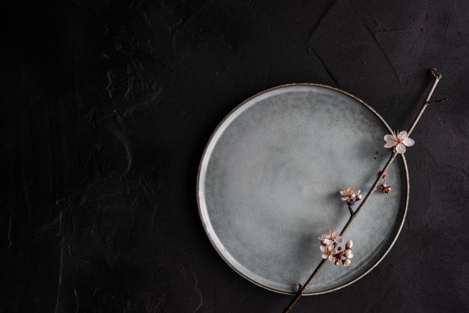 Top view of spring table setting with blooming tree branch on grey plate