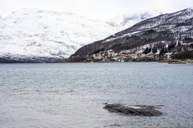 Amazing nordic seascape with mountains and village