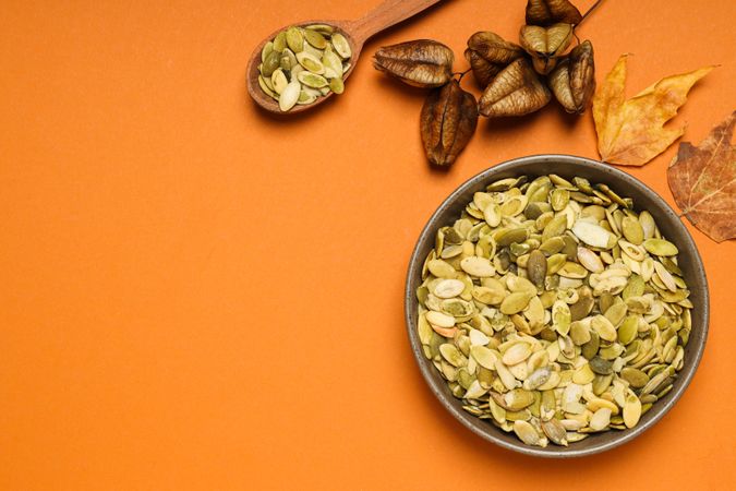 Cooking ingredients for fall season - pumpkin seeds, pumpkin