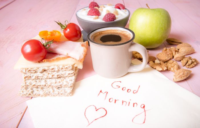 Healthy food and good morning message note