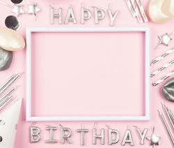 Birthday flat lay on pink background