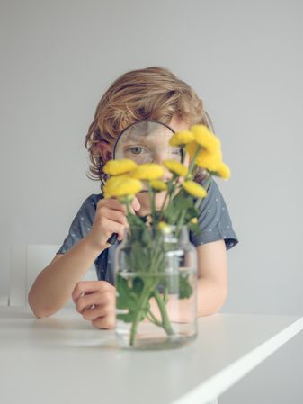 Kid with magnifying glass observe flowers