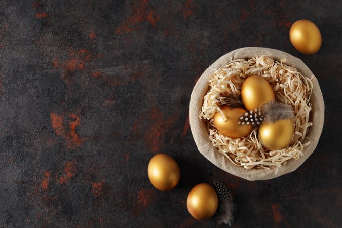 Pension rewards, returns and investment funding concepts, golden eggs