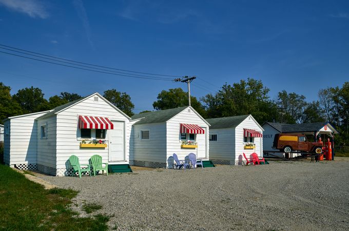 Rows of relocated tourist cabins, National Automobile and Truck Museum in Auburn, Indiana
