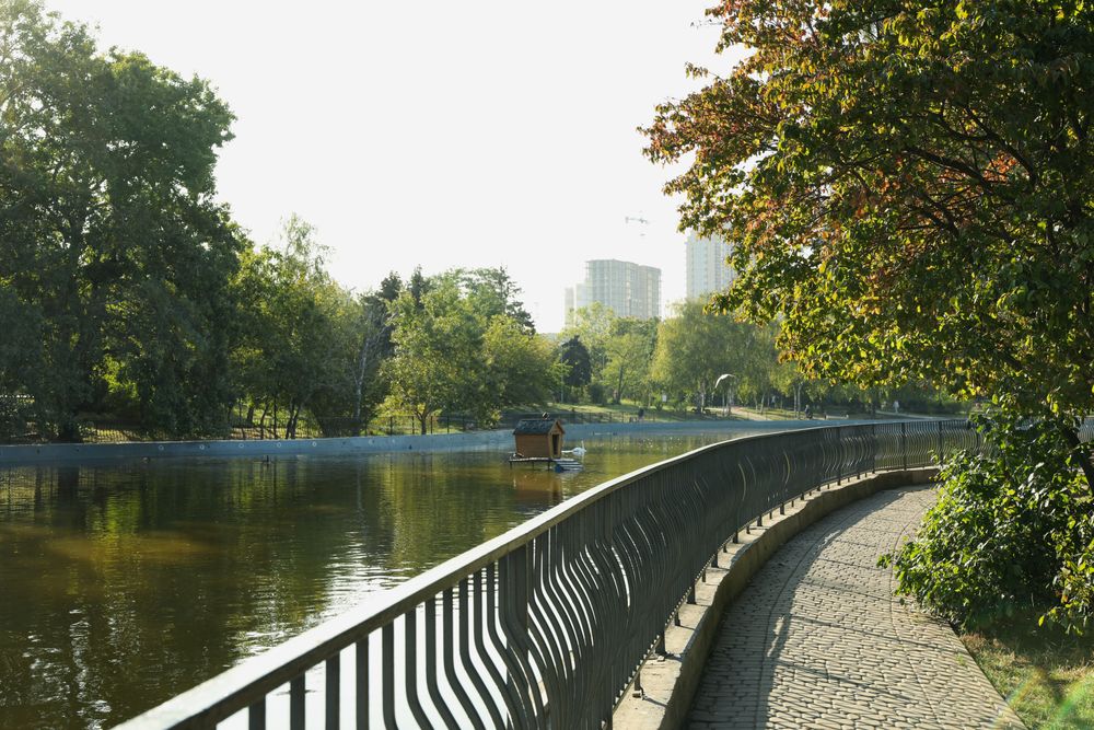 Beautiful city park with lake in sunny morning