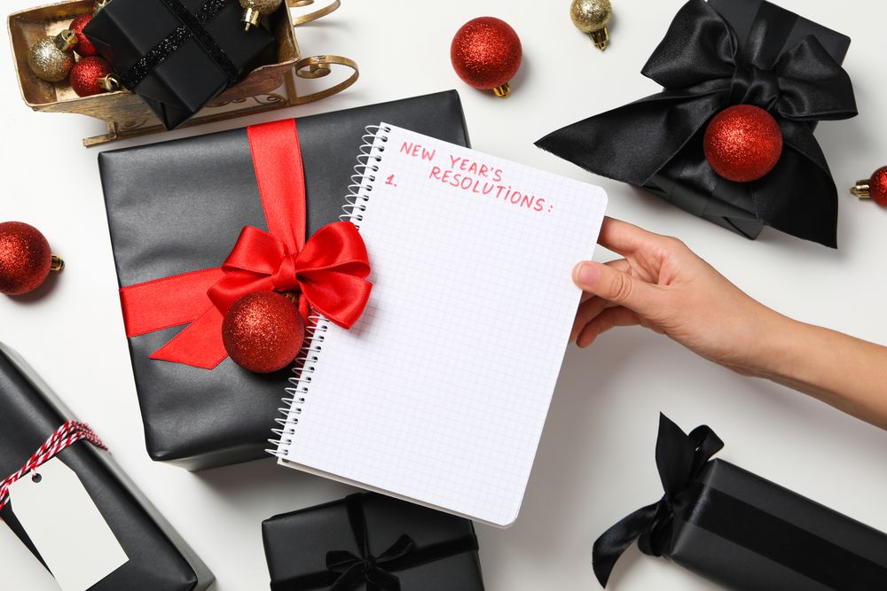 Concept of New Year Resolutions list, new year goals, top view