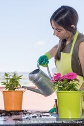 Young woman wearing a gardening apron while watering plant 5r9LV3