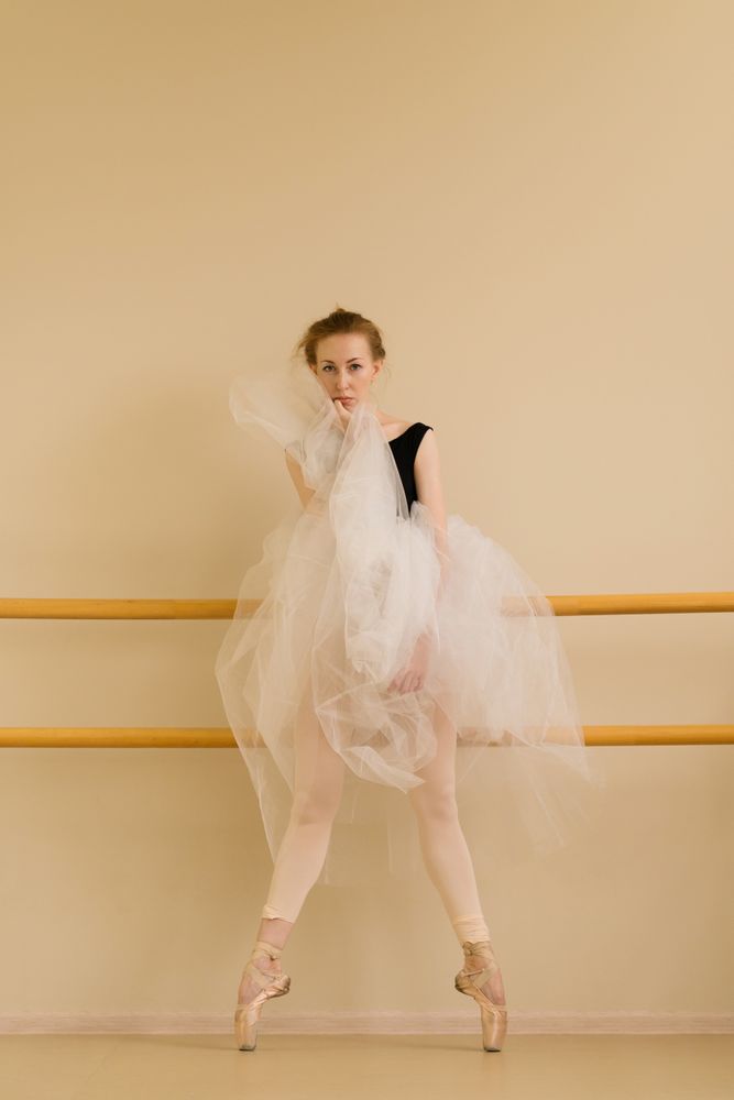 Ballet dancer stands poised, showcasing elegance with flowing tulle.