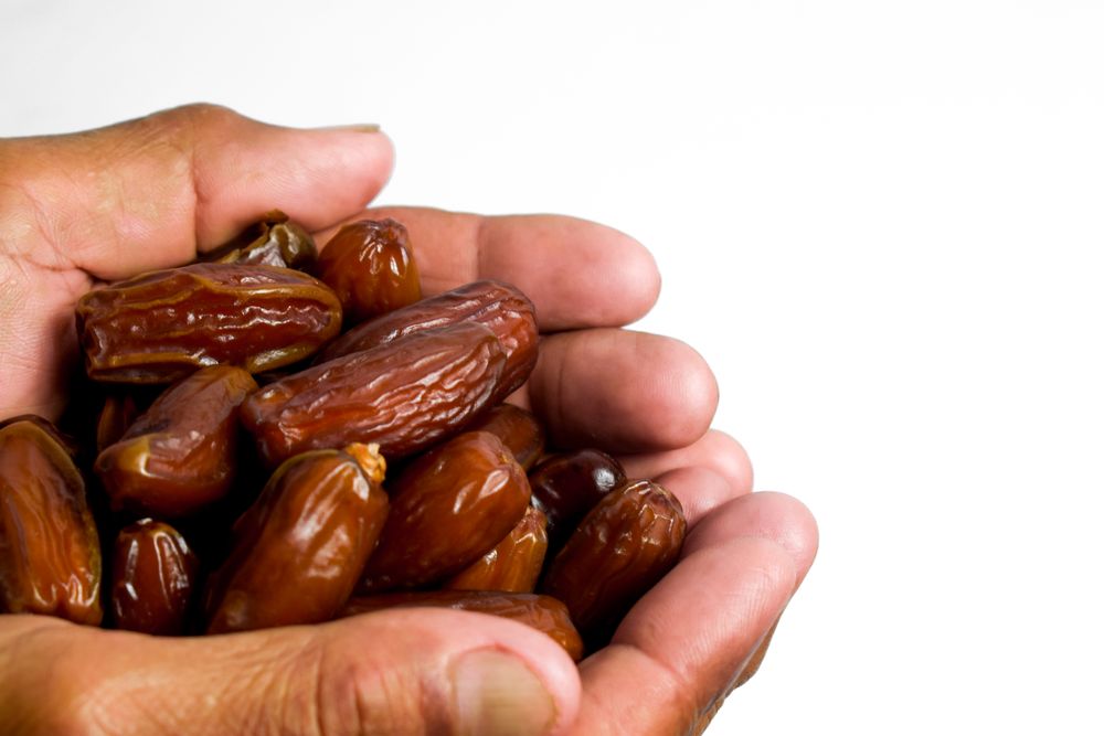 Hand hold date fruit on isolated studio background