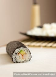 Side view of sushi roll with rice, avocado and shrimps in nori 56jeN5
