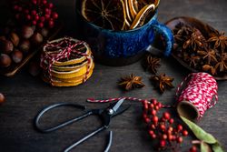 Blue mug with dried orange slices with anise star and string