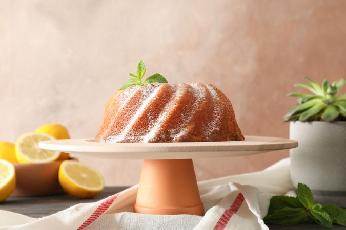 Cake with powder sugar and mint on wooden background, space for text