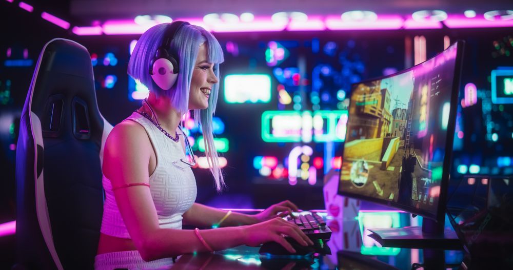 Young Woman Playing Online Action Shooter Video Game on a Computer in a Futuristic Digital Space.