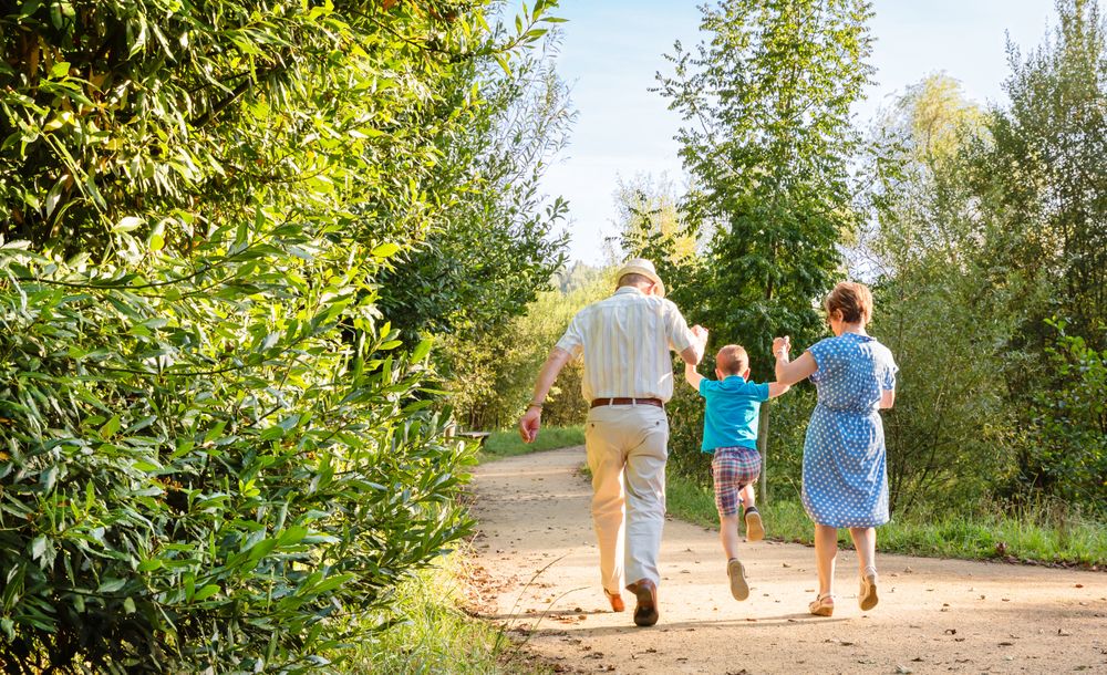 Back of grandparents with grandchild jumping outdoors