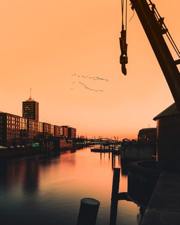 Silhouette of crane near body of water and city at sunset