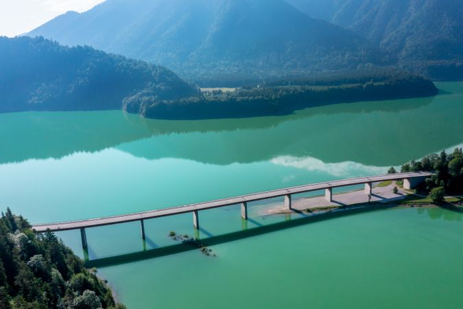 Drone image with the bridge and Lake Sylvenstein in Bavarian Alps, Germany