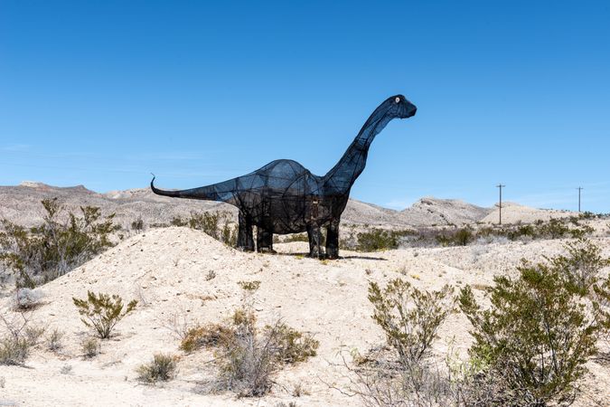 A whimsical dinosaur figure on Lone Star Ranch Road, southern Brewster County, Texas