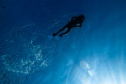 Unrecognizable diver swimming underwater in blue seawater