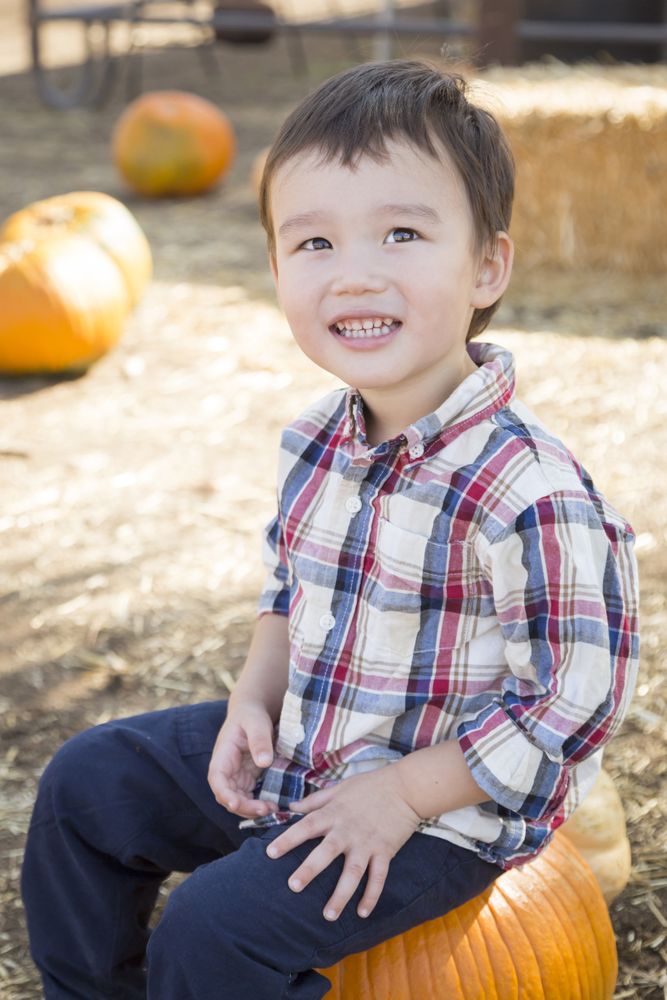 Smiling Biracial Young Boy Having Fun at the Pumpkin Patch