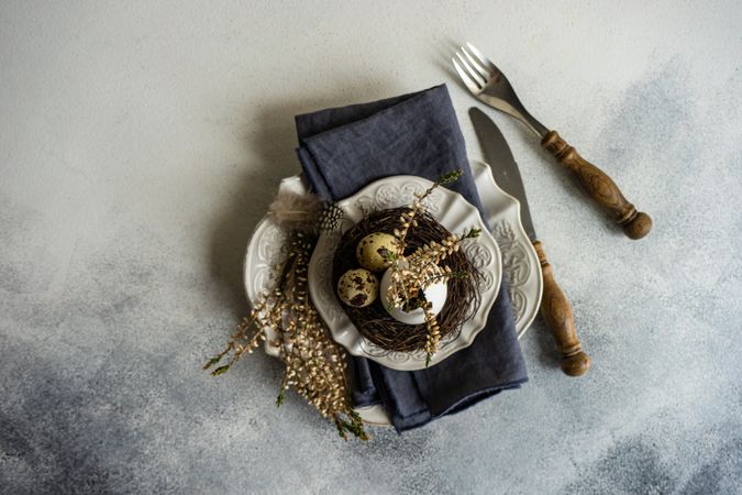 Top view of speckled eggs in decorative nest on plate with space for text