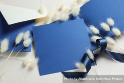Blue square paper surrounded with willow and an envelope 0vJX70