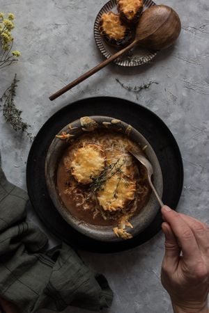 Bowl with French onion soup