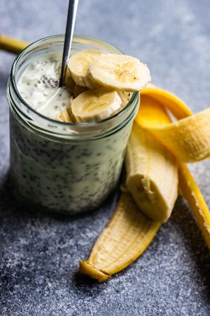 Healthy breakfast with chia seeds and banana slices