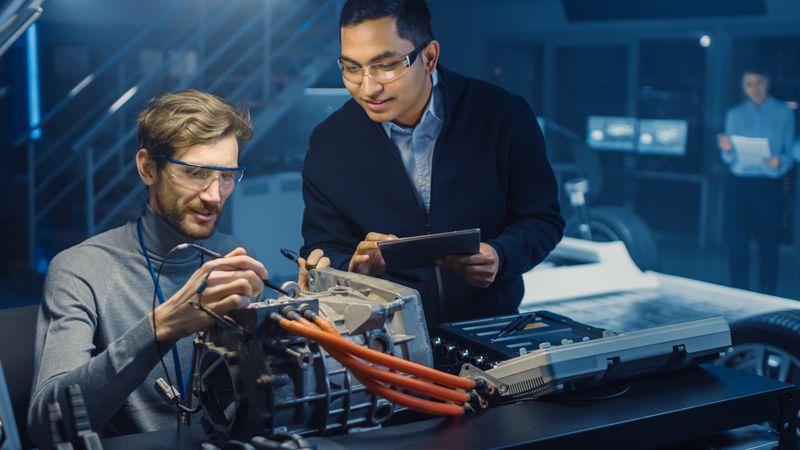 Two Professional Automotive Engineers with a Tablet Computer and Inspection Tools are Having a Conversation While Testing an Electric Engine in a High Tech Laboratory with a Concept Car Chassis.