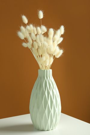 Mint green vase with dried bunny tail bouquet in brown room