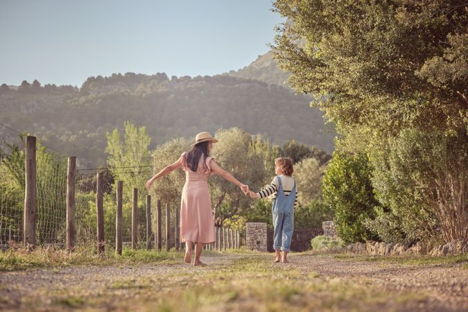 Mother and son in countryside