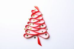 Christmas tree made from red ribbon and glitter on light background, space for text