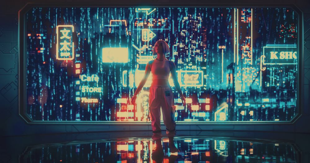 Cinematic Portrait of a Stylish Young Cosplay Model with Blue Hair Wandering Around a Futuristic Cybernetic City with Neon Lights.