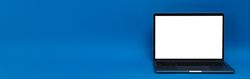 Banner of blue room with laptop with mockup screen