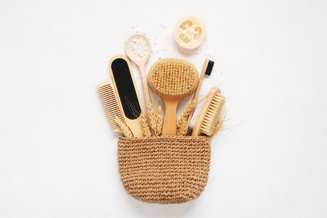 Basket of bath brushes and salts