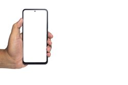 male hand holding smartphone with blank screen smartphone.