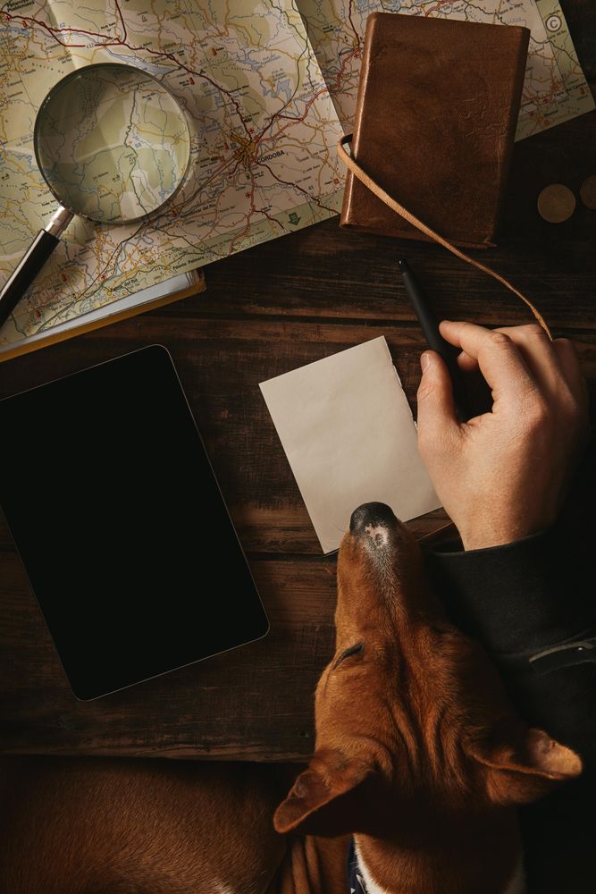 Top view close up adventure traveler writes plan of new trip