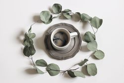 Dry eucalyptus tree leaves circling a cup of coffee