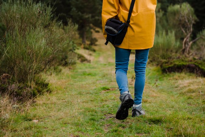 Person in yellow raincoat walking in forest