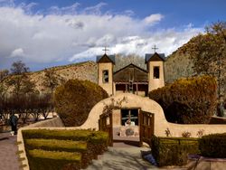 Dusk view of El Santuario de Chimayó, a Roman Catholic church, Chimayó, New Mexico