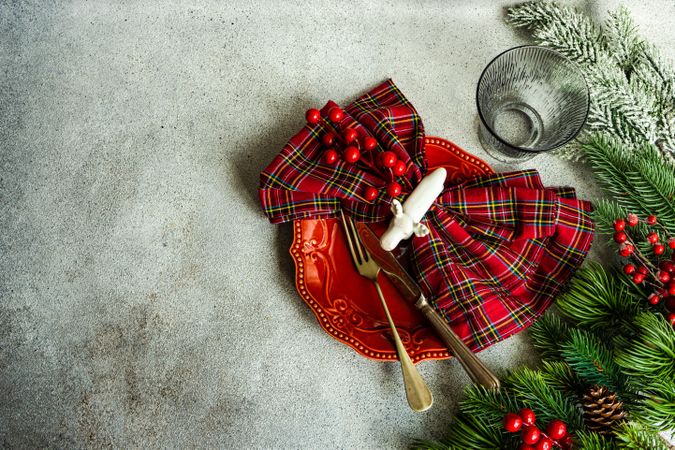 Tartan napkin with holly and reindeer ring on Christmas table setting
