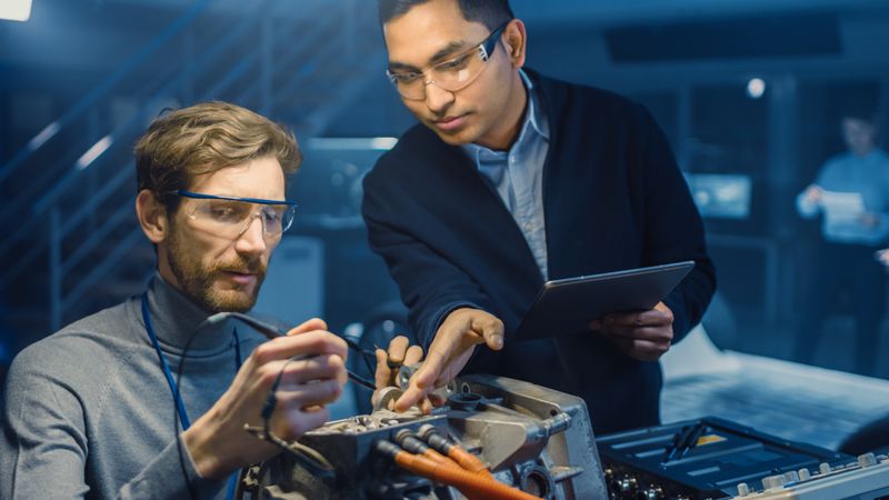 Two Professional Automotive Engineers with a Tablet Computer and Inspection Tools are Having a Conversation While Testing an Electric Engine in a High Tech Laboratory with a Concept Car Chassis.
