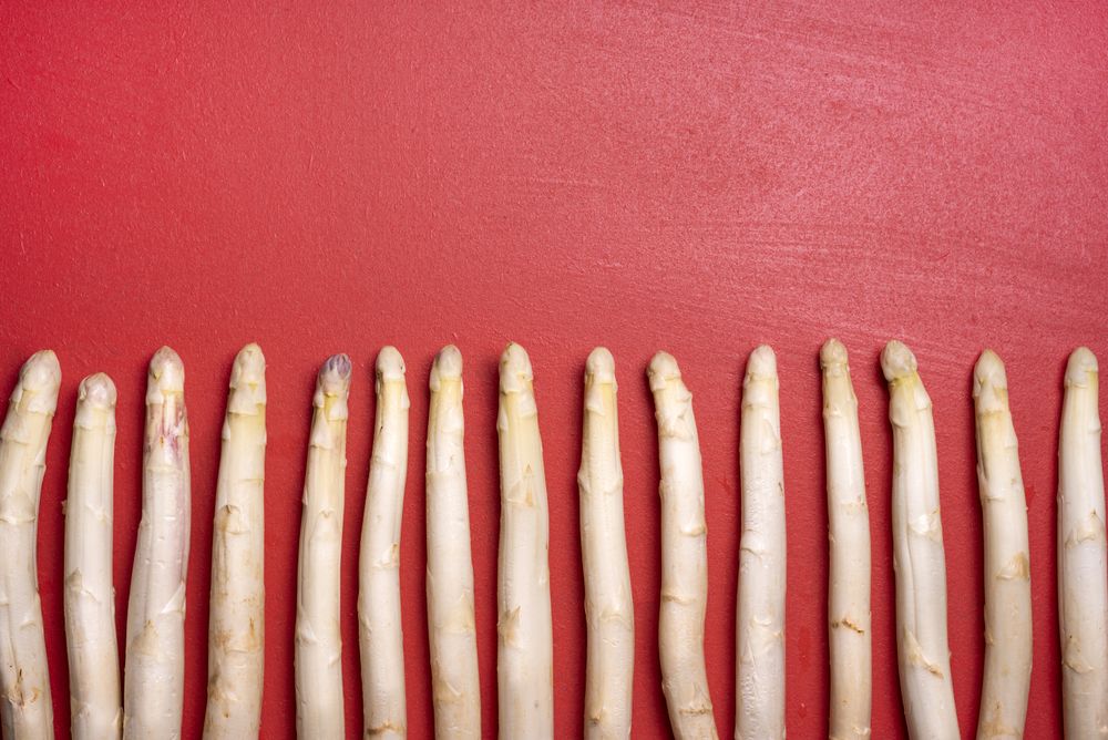 Raw asparagus aligned in a row on a red background